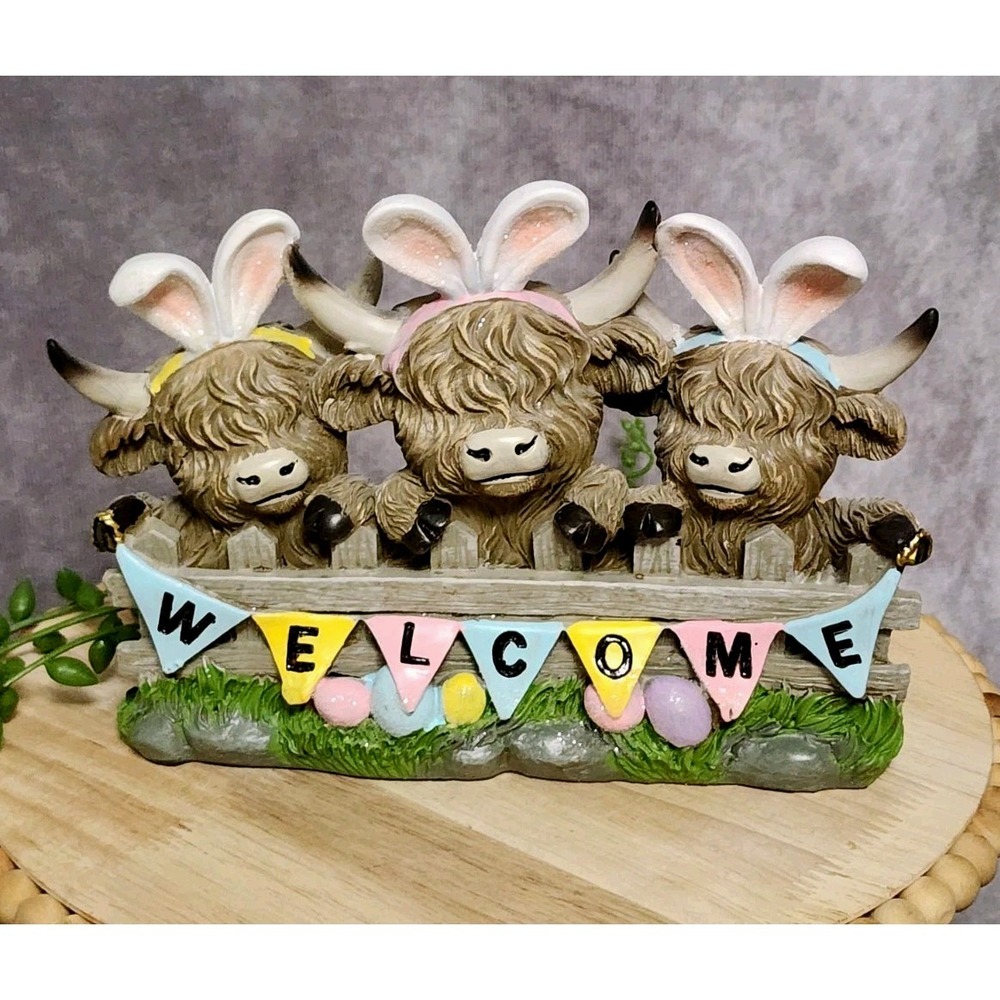 Easter Highland Cow Trio Figurine Spring Welcome Bunny Ears‎ Pastel 7" Tabletop